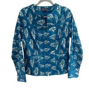 Lucky Brand Blue Kantha Jacket Size XS Zip Up Quilted Floral Boho 100% Cotton